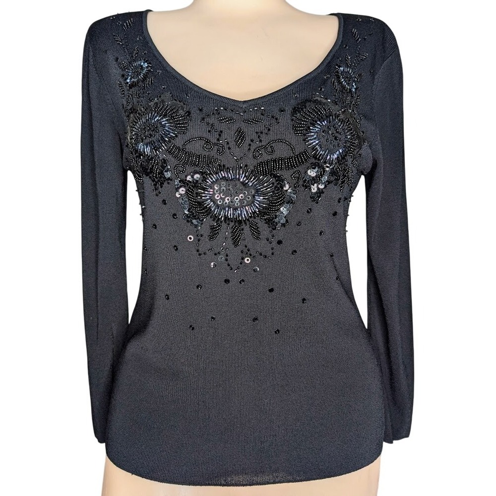 Beaded Black Sweater Women Small‎ Whimsigoth Fairy Grunge Y2K Glam Shimmer Party